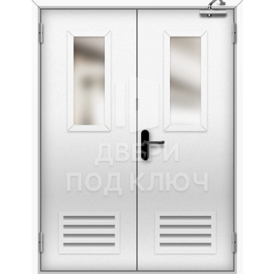 С окном и решеткой двупольная складская дверь ДПК-15814